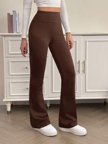 SHEIN Tall Quần dài thường ngày màu đen trơn cạp cao ôm sát dành cho nữ, phù hợp cho mùa hè và mùa thu, phiên bản cao cấp - màu nâu - Xem 4