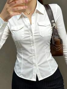SHEIN Teen Girls Button-Up Long Sleeve Shirt With Front Chest Pocket - White - View 5