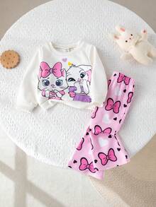 SHEIN Babygirl Cute Casual Cartoon Print Long Sleeve Sweatshirt & Elastic Waist Pants Set - Beige - View 5