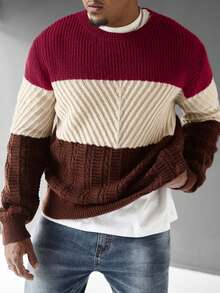 EURMUSE Men's Casual Contrast Color Round Neck Long Sleeve Sweater, Versatile For Autumn - MultiWarna - View 8