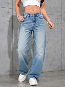 Pantalones Vaqueros Anchos de Mujer de Cintura Alta, Estilo Vintage con Detalles Únicos, Confortables y Versátiles - Azul claro - Ver 3