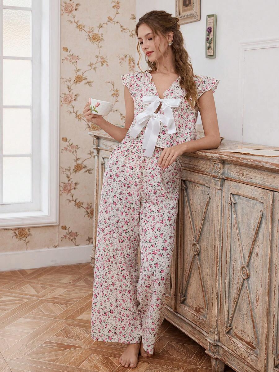 Bộ đồ ngủ áo và quần họa tiết nơ hoa sọc dành cho nữ - Nhiều màu - Xem 1