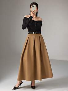 Heiryn Elegant Pleated A-Line Skirt For Commuting Khaki Skirt Women Long Brown Skirt Coffee Brown Skirt Elegant Skirt - Khaki - View 4