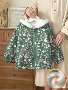 SHEIN Vintaside Kids Áo khoác nỉ có mũ trùm đầu in hoa mùa đông cho bé gái - màu xanh lá - Xem 7
