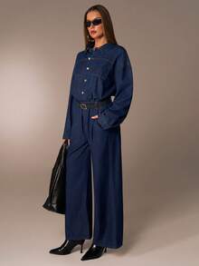 Avantive 女士纯色前扣休闲长袖牛仔连体裤 - 藍色 - 查看 5