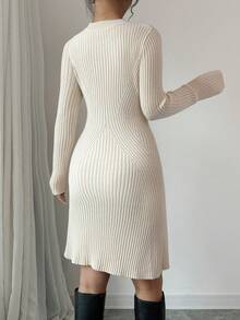 Rafferiza Fitted Ribbed Knit Sweater Dress, Round Neck - Apricot - View 2
