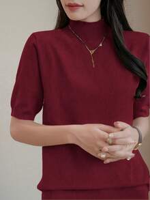 EMERY ROSE 纯色高领优雅通勤时尚短袖针织上衣 - 酒紅色 - 查看 3