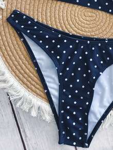 Swim Mod 优雅度假波西米亚风海军蓝白波点可调节肩带V领性感比基尼套装 - 彩色 - 查看 4