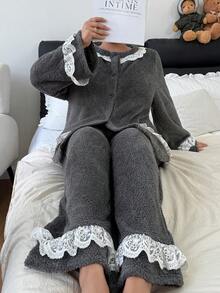 Dream Adore 2pcs Plus Size Flannel Lace Decor Long Sleeve Pajama Set, Fluffy Winter Clothes - Grey - View 5