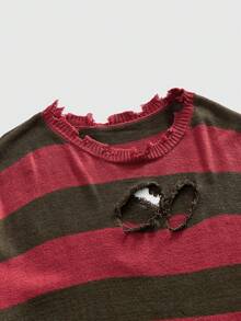 ROMWE MEN Grunge Punk 男士不对称破洞条纹休闲宽松长袖毛衣，冬季款 - 紅色 - 查看 3