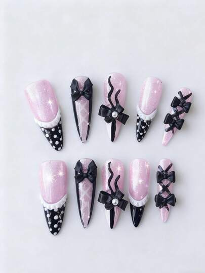 Anime 10pcs Cute Bowknot Music Note Star Element High Quality Handmade False Nails + 3pcs Double-Sided Adhesive, Y2K French Style Rhinestone Chain Polka Dot Removable Nail Art Stickers, Suitable For Holidays, Parties, Dancing And Daily Wear