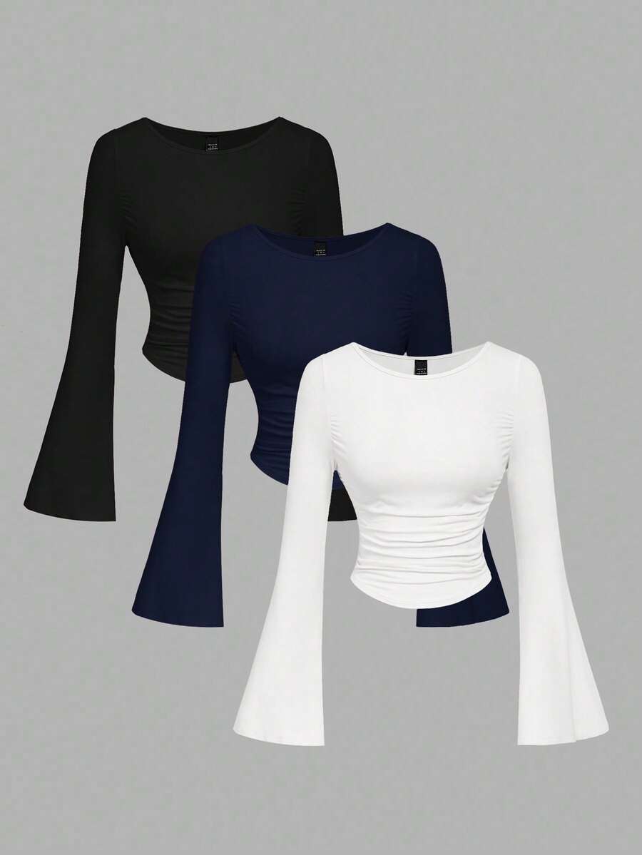 SHEIN MOD 3 chiếc áo thun nữ cổ tròn tay loe xếp ly màu trơn - Màu xanh hải quân - Xem 1