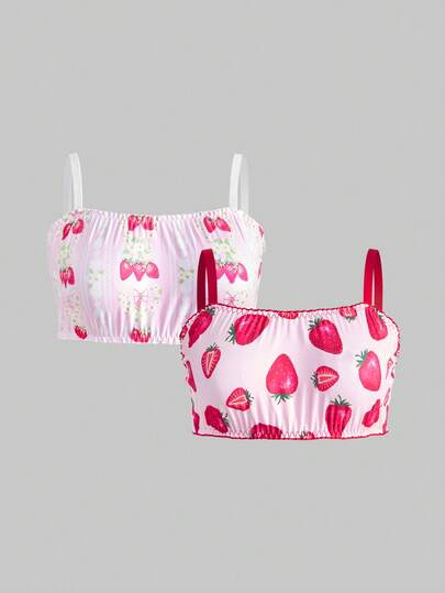 ROMWE Kawaii 2pcs Plus Size Sweet & Cute Strawberry Floral Print Bralette Set