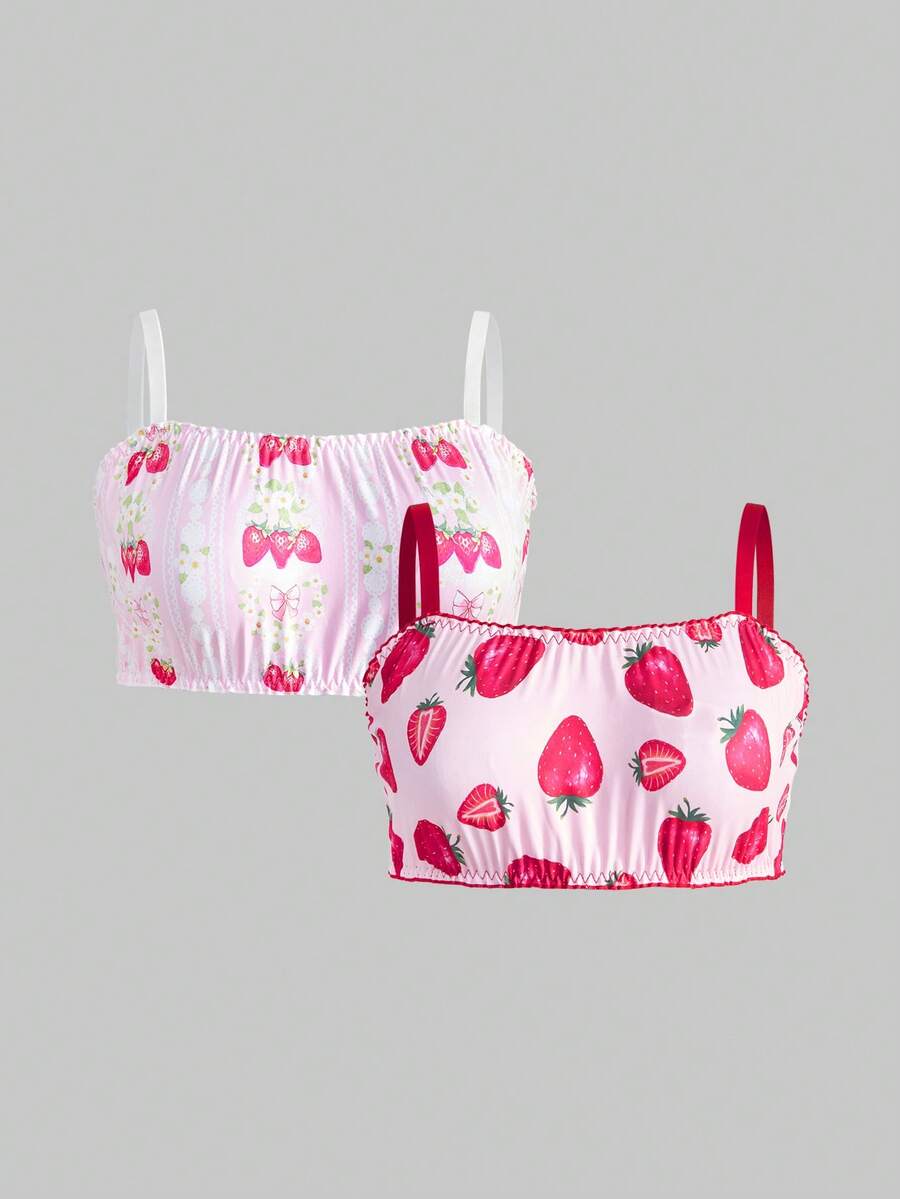 ROMWE Kawaii 2件套加大码甜美可爱草莓花卉印花文胸套装 - 彩色 - 查看 1