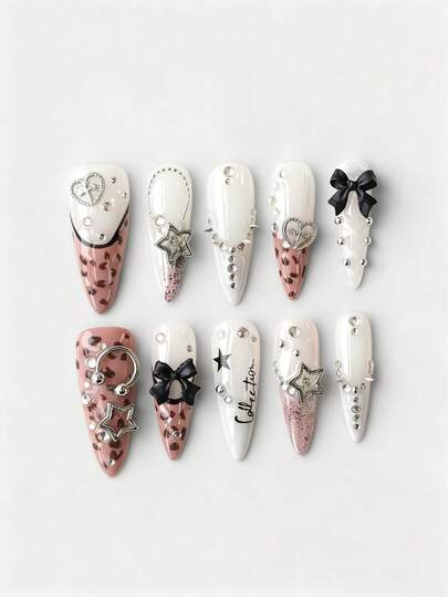 Anime 10 pezzi Unghie finte di alta qualità con fiocco carino, nota musicale, elemento a stella, realizzate a mano + 3 pezzi di adesivo biadesivo, Stickers per arte di unghie rimovibili con catena di strass stile francese Y2K a pois, adatti per vacanze, feste, ballo e uso quotidiano