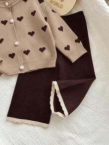 SHEIN Baby Girl Casual Heart Jacquard Cardigan And Knit Pants Set, Autumn/Winter - Khaki - View 4