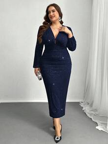 Firerie 大码优雅通勤精致高端场所精致下午茶，略带性感的约会音乐会派对闪亮面料深 V 腰部褶皱修身长袖超长鱼尾连衣裙，初秋 - 藏蓝色 - 查看 4