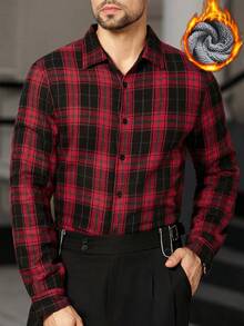 Manfinity Homme 男士经典红色格子休闲长袖衬衫，带保暖内衬，适合圣诞节穿着 - 紅色 - 查看 5