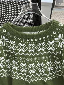 Franclia Women's Snowflake Pattern Crew Neck Long Sleeve Christmas Sweater, Autumn/Winter Green Sweater Knitted Sweater Winter Sweater Women Sweater Fair Isle Sweater - Army Green - View 4