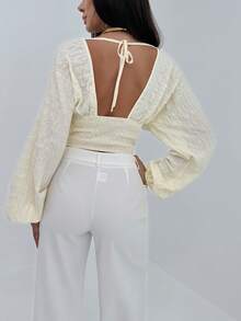 Aloruh Women's Elegant Alluring Deep Shirred Cinched Waist Pullover Long Sleeve Lantern Cuff Blouse - Beige - View 2