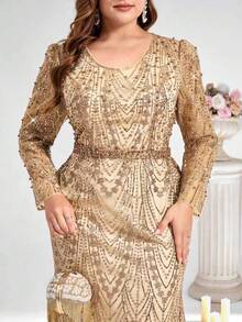 Coutiva Đầm cỡ lớn sang trọng, thanh lịch, thêu sequin, cổ chữ V, tay dài, đính ngọc trai và đá quý, thích hợp mặc mùa thu đông, dự tiệc, dạ hội, đám cưới. Đầm đính cườm, đầm trang trí, đầm vàng, đầm đính đá, đầm cao cấp cho nữ, đầm vàng nữ. - Vàng - Xem 1