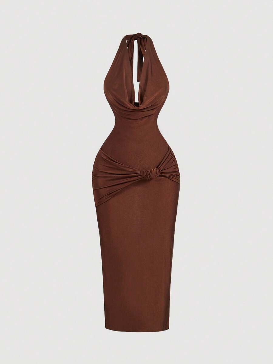 SHEIN X Phaith Montoya SHEIN MOD 女士棕色垂褶领修身中长连衣裙，优雅连衣裙，正式礼服，新年晚礼服，节日礼服，新年假期礼服，新年派对女士礼服，化装舞会礼服 - 棕色 - 查看 1