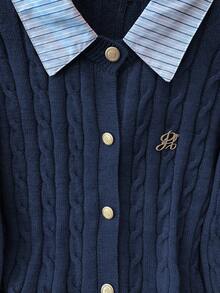 Franclia 时尚博主灵感二合一拼布针织短款开衫，欧美风海军蓝开衫毛衣粗针织开衫女式学院风毛衣海军蓝开衫领口开衫