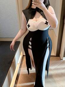 Flirla Valentines Chinese Qipao Cheongsam Hanfu Chinese Knot Plus Size Women Vintage Cute Cross Print Waist Cinched Bodycon Dress - Black - View 7