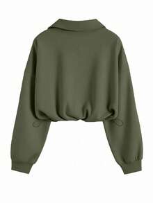 Airaco 休闲纯色半拉链抽绳下摆卫衣 - 橄欖綠 - 查看 2