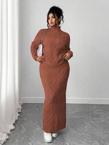 Elenzga 大码毛衣和紧身裙两件套，休闲宽松圆领套头衫 - 鏽棕色 - 查看 6