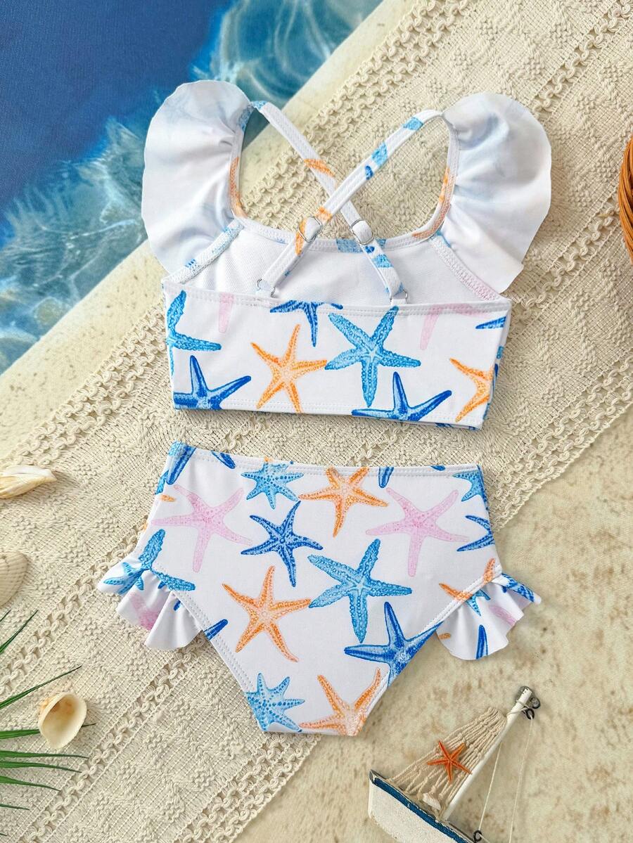Baby Girls Starfish Print Swimsuit Set 2 Pieces,Cute Fresh Flounce Design Bikini Set For Summer Holiday,Ocean Theme Mermaid Beach Outfit Bathing Suit