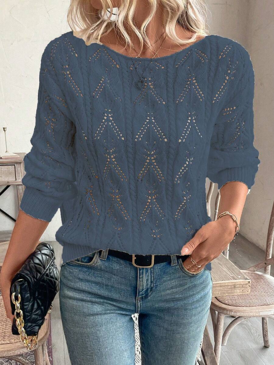 SHEIN LUNE Vacation Style Casual Hollow Floral Pattern Off-Shoulder Loose Pullover Sweater - Navy Blue - View 1