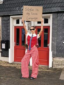 Chiquease Áo thun dệt kim tay ngắn cổ bẻ màu đỏ và trắng thanh lịch, gợi cảm, tương phản dành cho nữ, mùa xuân/thu - Đỏ và trắng - Xem 5