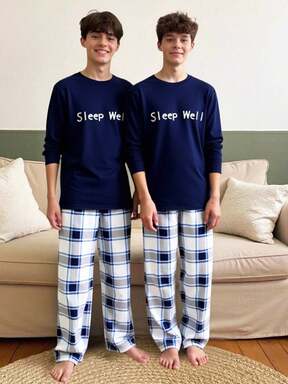 SHEIN Set de 2 piezas de camiseta de manga larga con estampado de letras en contraste azul marino y pantalones a cuadros para adolescentes, ropa de estar en casa cómoda y versátil, adecuada para uso diario, escuela, salidas, hogar, otoño/invierno