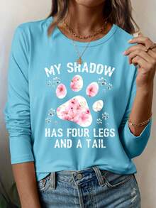 INAWLY 女士春秋季休闲标语和狗爪印圆领长袖T恤图案T恤 女士春季上衣 - 藍色 - 查看 1