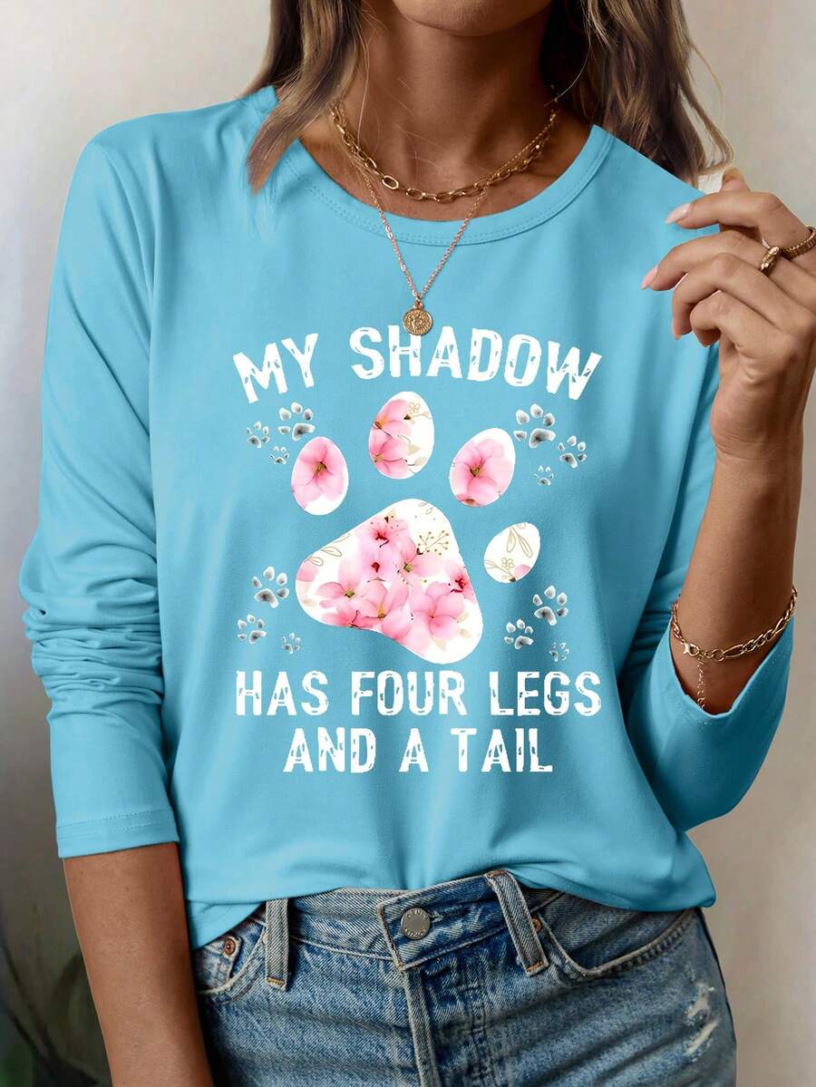 INAWLY 女士春秋季休闲标语和狗爪印圆领长袖T恤图案T恤 女士春季上衣 - 藍色 - 查看 1