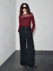 Lumivelle Women's Elegant Fashionable Minimalist Fitted Organza Semi-Sheer Off-Shoulder Sweater, Versatile For Autumn/Winter - Burgundy - View 3