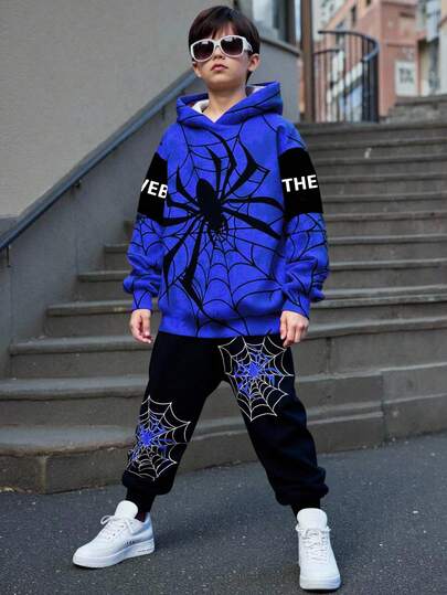 Bộ đồ hoodie dài tay thoải mái họa tiết nhện đơn giản, phong cách đường phố chữ cái tiếng Anh, dáng rộng, thoải mái, phù hợp cho mùa thu/đông