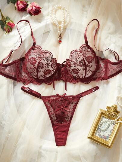 PinupPomp Damen Vintage Weinrot besticktes sexy Set, Unterbügel Push-Up Schleife Cut Out Durchsichtig 2-teiliges Dessous Set