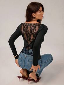 SHEIN Tall Women's Lace Patchwork Bow Back Slim Fit Long Sleeve Off Shoulder Black Sexy Top Lace Top See Through Top Long Sleeve Top Women Top,Boho Women Clothing,Black Lace Top,Y2k Clothes Women,Fall Clothes,Back To School Clothes,Going Out Tops,Black Top - Black - View 8