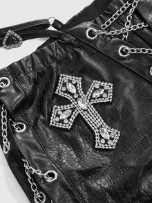 ROMWE Grunge Punk Spring/Summer Carnival Party Black 2pcs Women's Retro Gyaru Biker PU Halter Crop Top & Super Low-Rise Mini Bodycon Shorts Set - Black - View 3