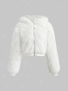 ROMWE Kawaii 可爱猫耳蝴蝶结铆钉设计短款白色仿皮草外套 - 白色 - 查看 1