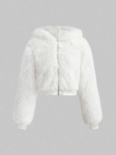 Kawaii Cute Cat Ear Bow Rivet Design Short White Faux Fur Jacket
