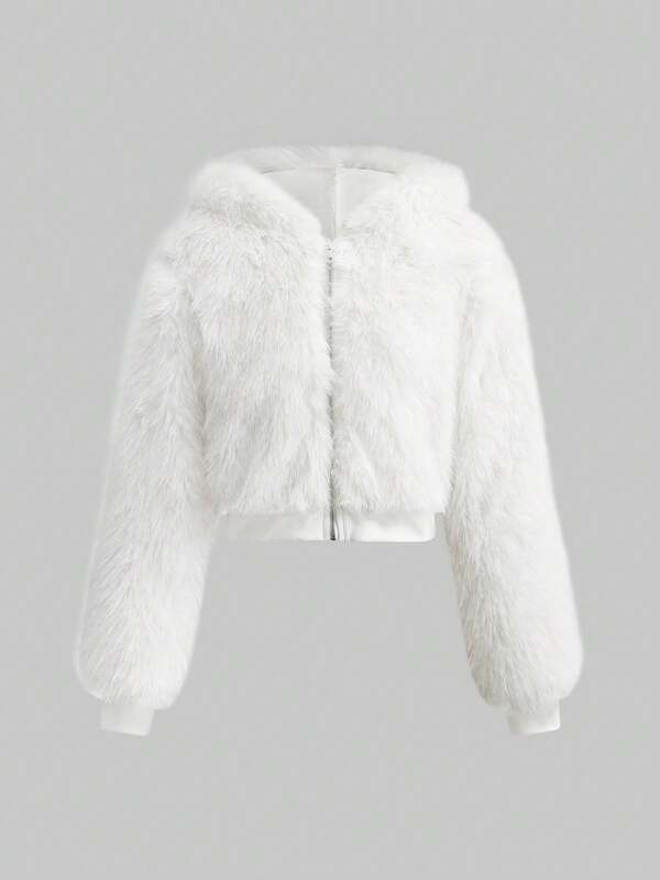 ROMWE Kawaii 可爱猫耳蝴蝶结铆钉设计短款白色仿皮草外套