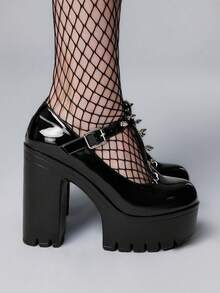 ROMWE Goth Casual Minimalist Black Thick Heel Platform Pumps For Women For Christmas Y2K 2000s Style - Black - View 4