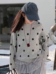 DAZY Tween Girls Round Neck Polka Dot Knit Sweater, Fall - Grey - View 3