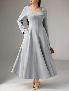 Heiryn Women's Elegant Solid Color Waist Cinched Mid-Length Dress, Suitable For Parties - Blue - View 2