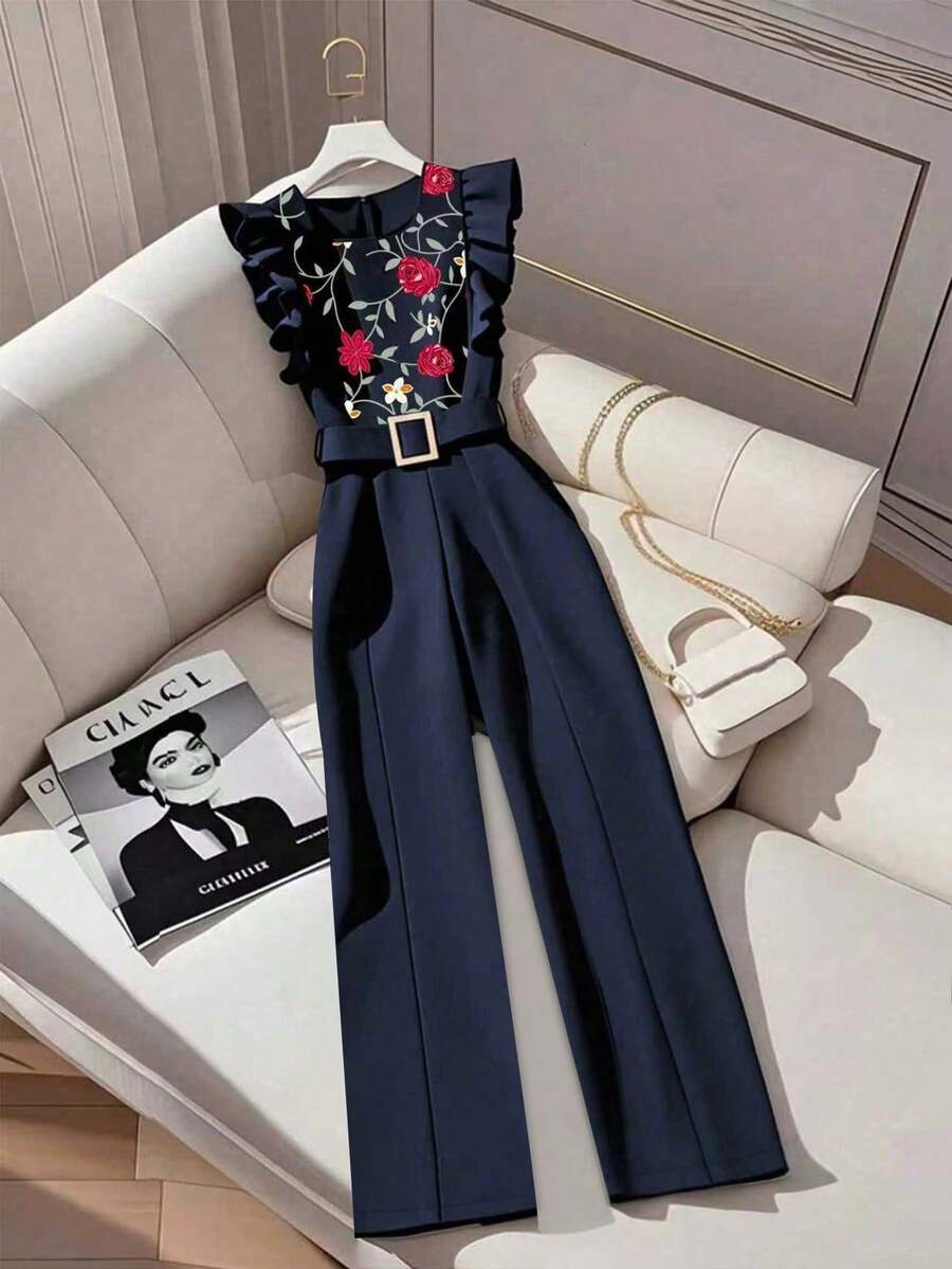 Franclia 女式盖袖连体裤，女式印花拼布连体裤 - 藏蓝色 - 查看 1