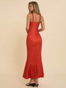 COSMINA 女士优雅波点吊带连衣裙，鱼尾裙摆，适合约会和各种场合，四季皆宜 - 紅色 - 查看 2