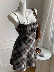 Comfortcana 大码女式休闲复古蓝棕色格子吊带连衣裙 - 棕色 - 查看 2